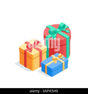 isometric vector set of boxes with ribbon and bow, in color on white background, surprise or holiday gift Stock Vector
