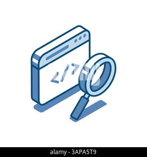 isometric vector program window and magnifying glass linear icon, in color on a white background, search in program code Stock Vector