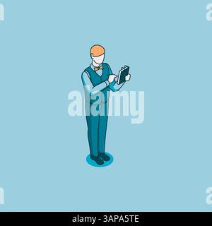 isometric vector male waiter with notepad and pen linear icon, in color on blue background, city people or restaurant worker Stock Vector