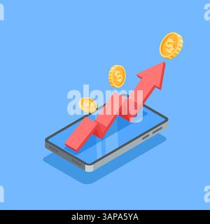 isometric vector smartphone and chart arrow with gold coins, in color on blue background, financial statistics or profit growth Stock Vector