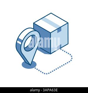 isometric parcel box and road to location sign linear icon, in color on white background, postal parcel delivery or logistics Stock Vector