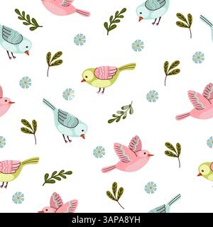 Seamless Fantasy Birds Pattern in Pastel Colors Stock Vector