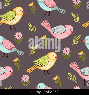 Cute Fantasy Birds Pattern on Dark Background Stock Vector