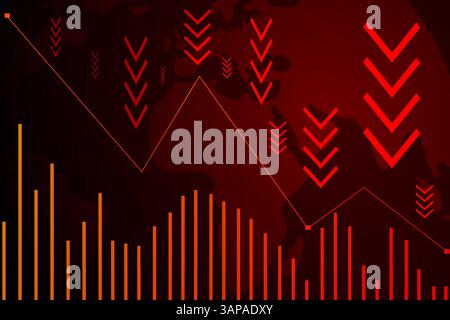 Global map with red bars and arrows pointing down shows synchronized economic downturn. Vector illustration. Sanctions and tariffs. Stock Vector