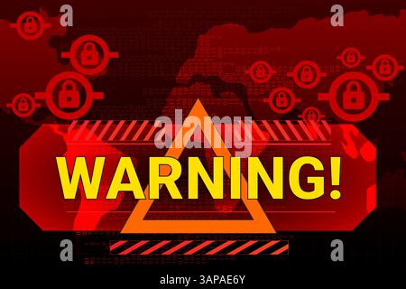 Warning triangle with locks over global map signals cyber attack, security failure, and system lockdown. Vector illustration. Stock Vector