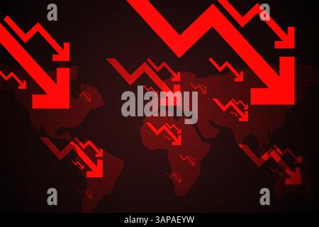 Multiple red arrows falling across world map symbolize global synchronized economic decline. Vector illustration. Stock Vector