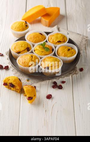 Delicious pumpkin cranberry muffins are made with pumpkin puree and dried cranberries closeup on the plate on the wooden table. Vertical Stock Photo