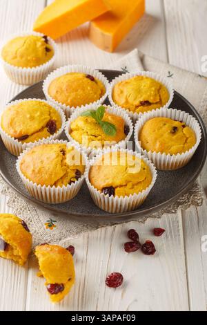 Soft and fluffy muffins flavored with pumpkin, cranberries, warm spices, and a touch of orange closeup on the plate on the wooden table. Vertical Stock Photo