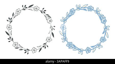 Floral leaves branch Frame set, outline circle, flower wreath, doodle art style design border. Hand drawn blob brush stroke, black blue sketch plant Stock Vector