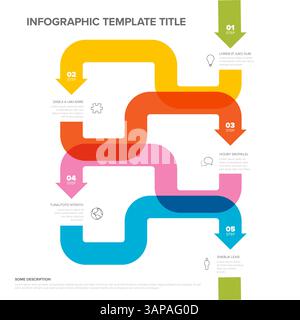 A colorful infographic template featuring a five-step flowchart with curved arrows in green, yellow, orange, pink, and blue. Perfect for presenting se Stock Vector