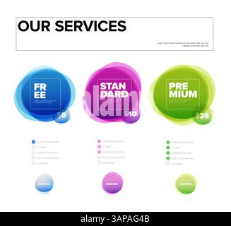 Bright, modern pricing table design shows Free, Standard, and Premium services priced at $0, $10, and $25. Each plan is highlighted with colorful bubb Stock Vector