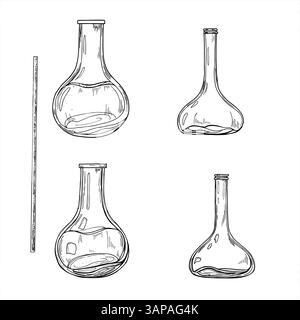 Monochrome hand drawn open glass bottles in different shapes, scented stick graphic sketch illustration. Empty and with essential organic perfume oil Stock Vector