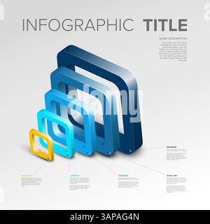 A modern infographic featuring 3D gradient squares in varying sizes and colors. The design highlights data visualization elements with annotations for Stock Vector