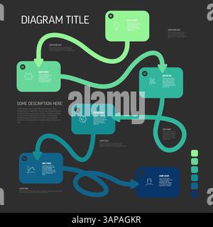Simple minimalistic green to blue Colorful Flowchart with Gradient Path and Sections on black background. Multipurpose infographic with six steps Stock Vector