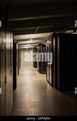 Spacious server room corridor illuminated by overhead lighting, featuring rows of network racks. Environment is clean and well-organized, signifying advanced technological infrastructure Stock Photo