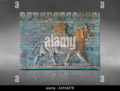 Coloured glazed terracotta tiled panels depicting mythical Griffins. From the reign of Darius 1st and the First Persian or Achaemenid Empire around 51 Stock Photo