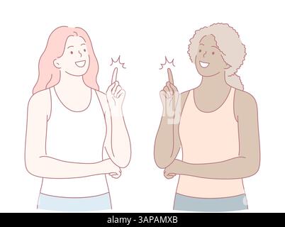 An illustration depicting two diverse women enthusiastically brainstorming together while sharing creative ideas Stock Vector