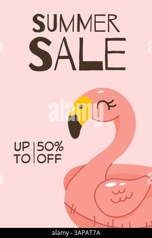 Bright summer sale banner with cartoon inflatable flamingo and bold promotional text, ideal for seasonal marketing or ads. Stock Vector