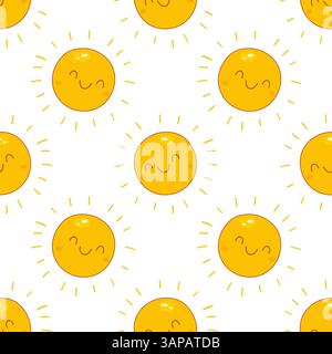 Cheerful seamless pattern featuring cute yellow sun faces with smiles, perfect for children s summer designs or backgrounds. Stock Vector