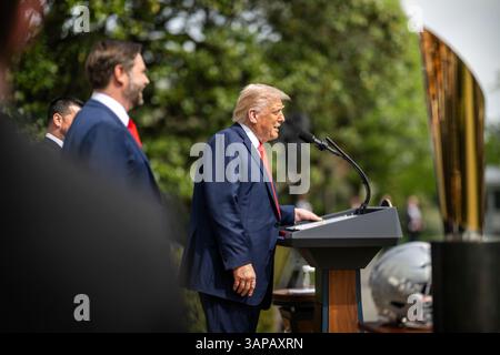 WASHINGTON DC, USA - 14 April 2025 - US President Donald J Trump and Vice President JD Vance at an event celebrating the 2025 College Football Nationa Stock Photo