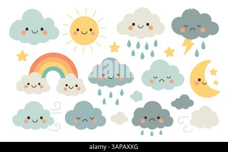 Cute weather elements with smiling sun, clouds, thunder, and raindrops in pastel colors, ideal for climate, mood, or seasonal content Stock Vector