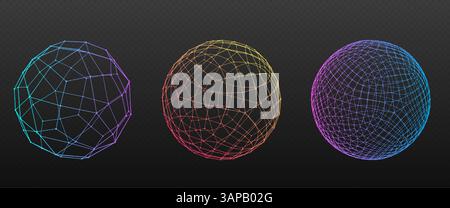 Dot sphere collection - particle globe set on black. Colorful polygonal wireframe balls and triangulated facet orbs. Geometric 3d meshes with lines and points. Minimalist low poly spherical shapes. Stock Vector