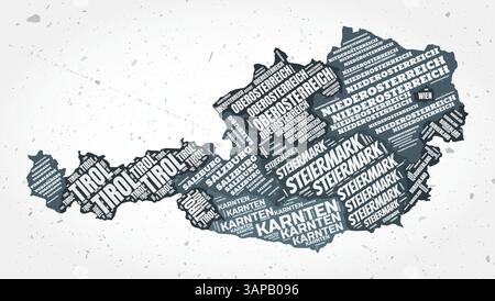 Austria regions word clouds. Country shape on textured background. Austria design in typographic style. Classy vector illustration. Stock Vector