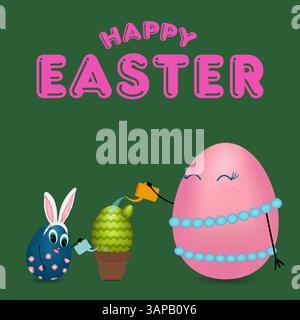 Greeting card with 3D elements featuring anthropomorphic happy family eggs. Mother and son with Easter bunny ears watering a cactus in a flower pot on Stock Vector