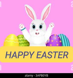 Greeting card with 3D elements featuring a smiling white Easter Bunny pulls his paws up in a sign of greeting on a Pink background. Decorated Easter e Stock Vector