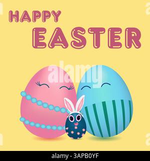 Greeting card with 3D elements featuring an anthropomorphic happy family of Easter eggs - dad, mom, baby boy with Easter bunny ears. Happy Easter insc Stock Vector