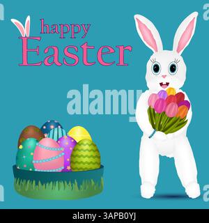 Greeting card with 3D elements featuring adorable Easter bunny holding a bouquet of tulips, and decorated eggs in a basket with grass, and festive - H Stock Vector