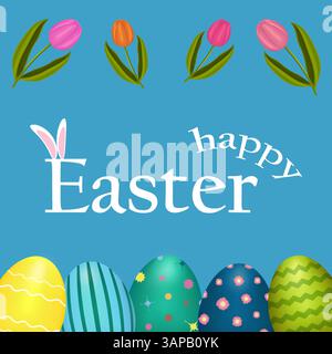 Greeting card with 3D elements featuring ornate Easter eggs with patterns and spring tulips on a blue background. Text - Happy Easter. Perfect for hol Stock Vector