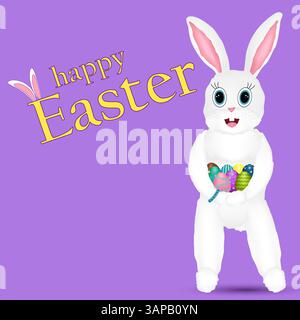 Greeting card with 3D elements featuring White Easter Bunny smiling and holding ornate painted Easter eggs in his paws on a Purple background. Happy E Stock Vector