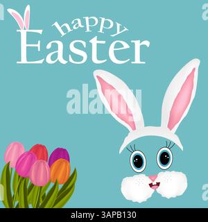 Greeting card with 3D elements featuring Easter Bunny face and a bouquet of spring tulips on a blue background. Text - Happy Easter. Perfect for holid Stock Vector