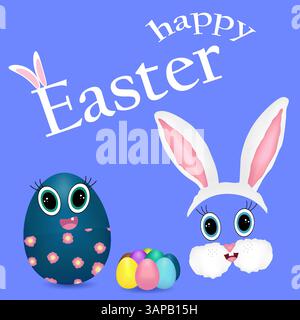Greeting card with 3D elements featuring anthropomorphic Easter Bunny and colorful colored eggs on dark blue background. Happy Easter inscription. Per Stock Vector
