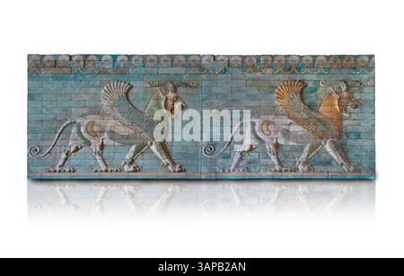 Coloured glazed terracotta tiled panels depicting mythical Griffins. From the reign of Darius 1st and the First Persian or Achaemenid Empire around 51 Stock Photo