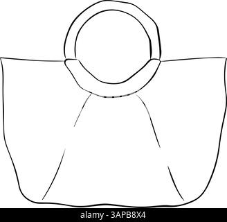 Striped Straw Beach Bag with Round Handles Design Vector graphic line ink Illustration Image. for banners, print for fabric, labels, t-shirt printing. Stock Vector