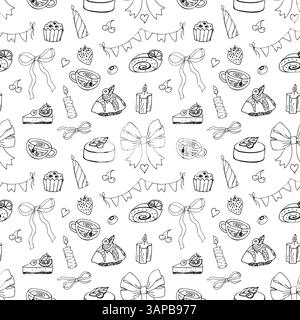 Cute and trendy vector seamless pattern with bows, cakes and candles. For restaurant, cafe, bakery, food menu, print, textile, packaging. Stock Vector