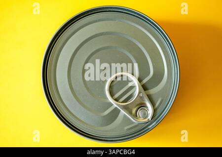 London UK, April 16 2025, Flat Lay Image Aluminium Canned Food Ring Pull Stock Photo