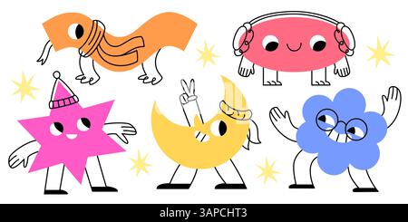 Geometric doodle shapes characters set - funny colorful flat figures with faces, hands and legs. Cute cartoon star and moon, flower and oval, wave line. Childish decorative simple graphic elements. Stock Vector