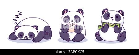 Cute kawaii panda characters set isolated on white background. Vector cartoon illustration of funny lazy baby bear sleeping, eating asian food, chewing bamboo stick, comic chinese animal, zoo mascot Stock Vector