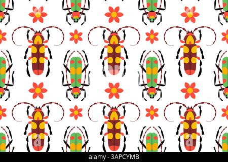 Seamless vector pattern with colorful stylized beetles and flowers on white background. Flat style. Ideal for youthful and children’s themes, textiles, nursery decor, wrapping paper, stationery. Stock Vector
