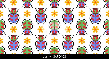Seamless vector pattern with colorful stylized beetles and flowers on white background. Flat style. Ideal for youthful and children’s themes, textiles, nursery decor, wrapping paper, stationery. Stock Vector