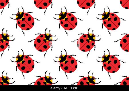 Seamless vector pattern with red ladybugs on a white background. Flat style Clean and modern design. Perfect for children’s products, textiles, wallpapers, stationery, for spring or summer themes Stock Vector