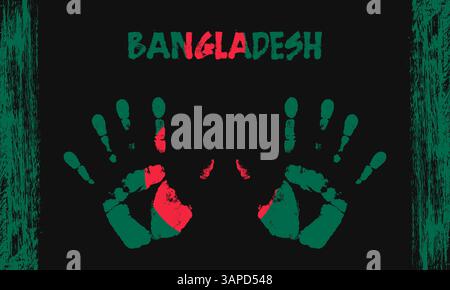 Vector flag of Bangladesh in the form of peaceful palms with text and brush strokes on a black background Stock Vector