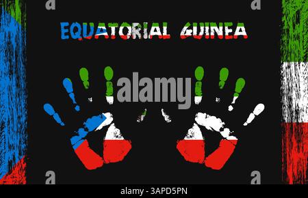 Vector flag of Equatorial Guineain the form of peaceful palms with text and brush strokes on a black background Stock Vector