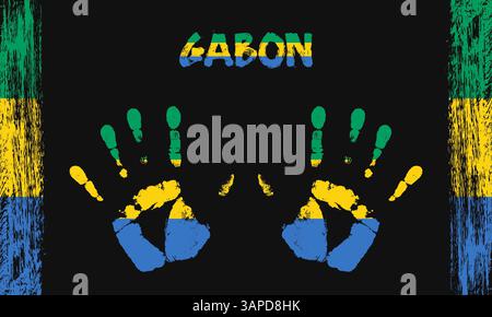 Vector flag of Gabon in the form of peaceful palms with text and brush strokes on a black background Stock Vector