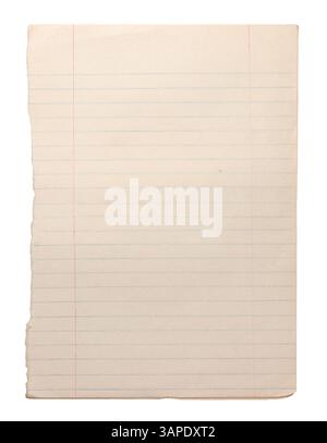 sheet of horizontal lined paper of old notebook or writing paper isolated white background, with torn and uneven edges, classic format of evenly space Stock Photo