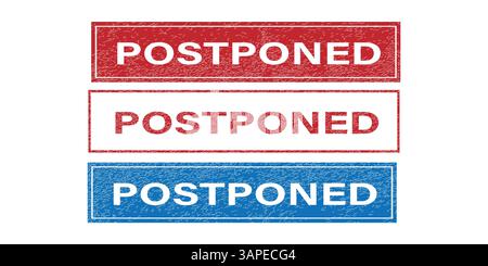 POSTPONED Rubber Stamp Set – Red, Blue, and White Stacked Stamps for Official Delay Notifications Stock Vector