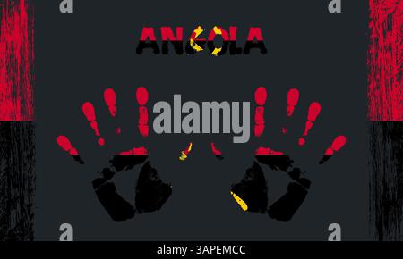 Vector flag of Angola in the form of peaceful palms with text and brush strokes on a black background Stock Vector